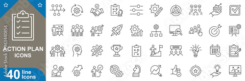 Action plan line icons set. Management, workflow, progress, goal, timeline, setting, strategy, checklist, calendar, project and more. vector illustrator.