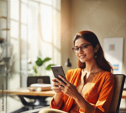 Confident Bangladeshi Businesswoman Using Smartphone in Office