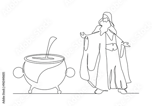 Continuous single line sketch drawing of wizard witch holding magical wand broom and potion cauldron halloween spooky concept one line vector illustration	