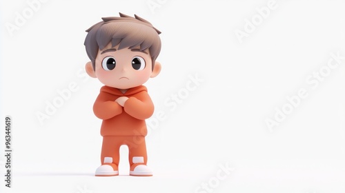 A cute cartoon boy in an orange hoodie looks concerned with arms crossed.