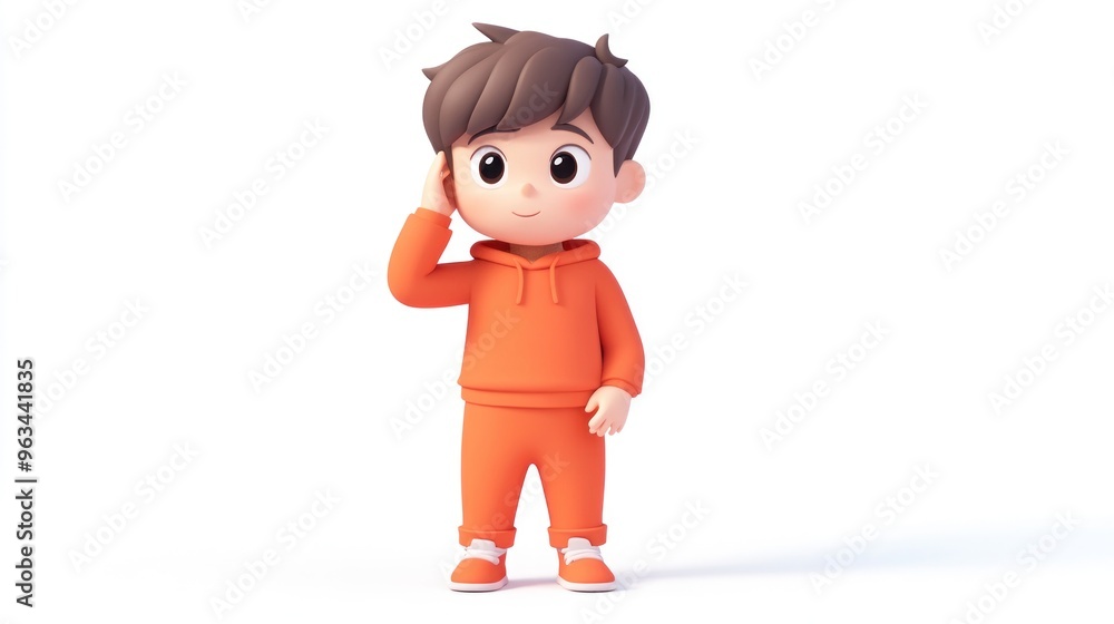 A cute cartoon boy in an orange outfit, smiling and posing playfully. A cute cartoon boy in an orange outfit, smiling and posing playfully.
