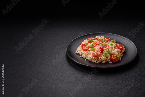 Rice noodles with mushrooms, vegetables, spices and herbs