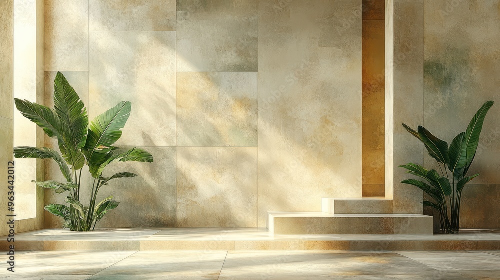 Modern interior with plants and light-filled walls. Modern interior with plants and light-filled walls.