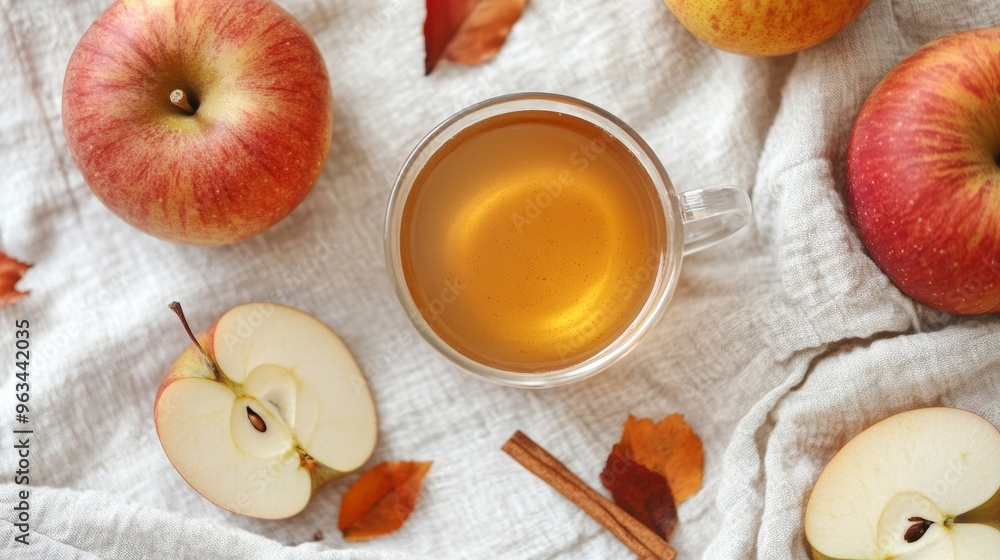 A glass of tea is on a table with a few apples and cinnamon A glass of tea is on a table with a few apples and cinnamon