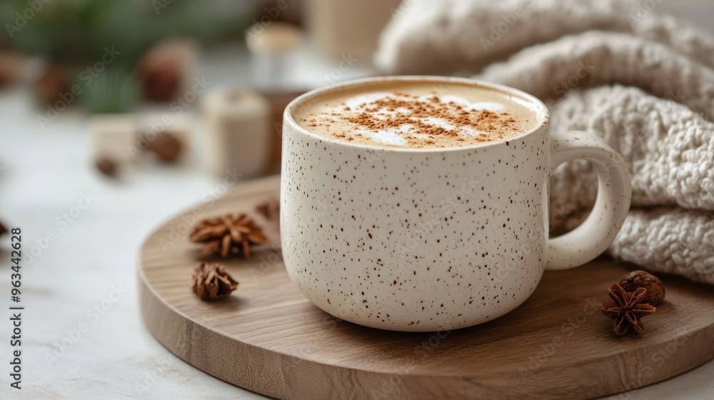 A white mug with a brown swirl pattern sits on a wooden table A white mug with a brown swirl pattern sits on a wooden table