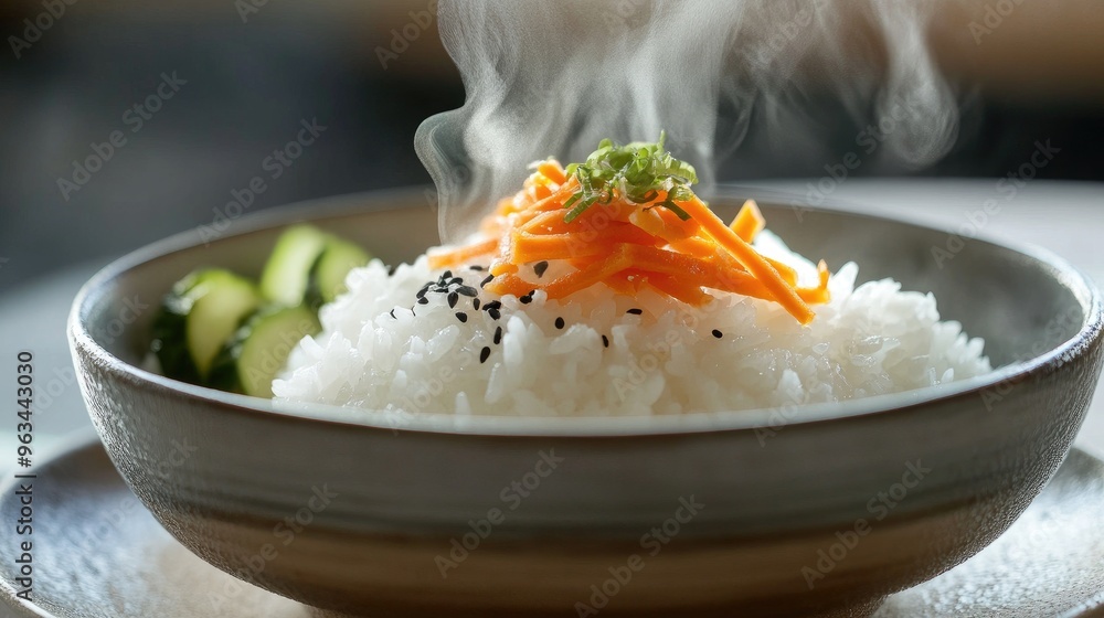 A steaming bowl of white rice with a drizzle of soy sauce and a side of pickled vegetables, served on a clean, modern plate A steaming bowl of white rice with a drizzle of soy sauce and a side of pickled vegetables, served on a clean, modern plate