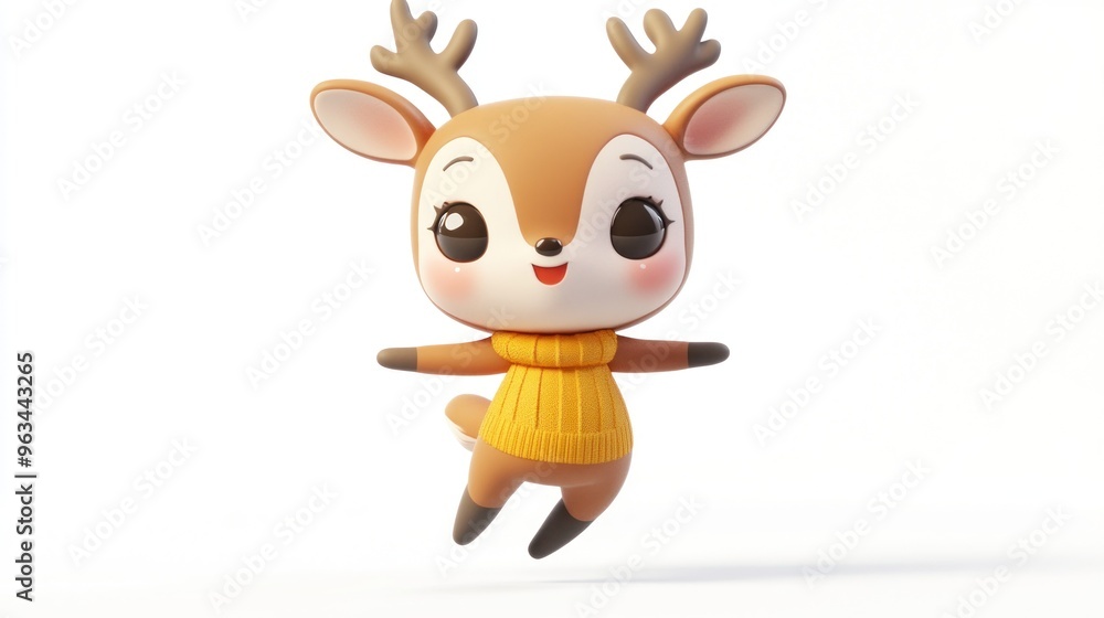 A cute cartoon deer character wearing a yellow sweater, joyfully jumping in a playful pose. A cute cartoon deer character wearing a yellow sweater, joyfully jumping in a playful pose.