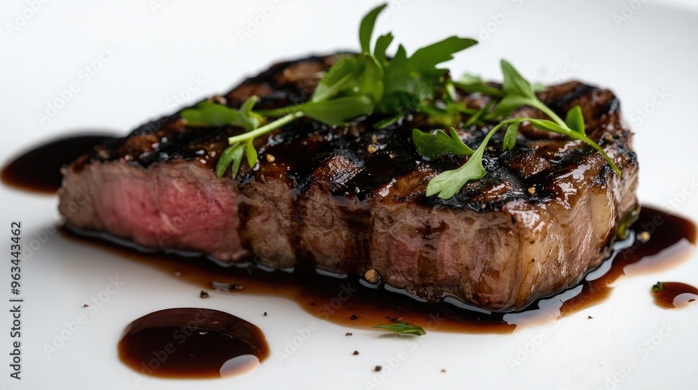 A succulent steak topped with a drizzle of balsamic glaze, with a clean white background highlighting the simplicity and elegance of the dish. A succulent steak topped with a drizzle of balsamic glaze, with a clean white background highlighting the simplicity and elegance of the dish.