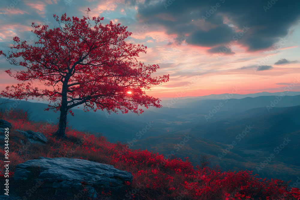Red Tree Silhouette on Mountain Peak at Sunset - Scenic Landscape Photo Red Tree Silhouette on Mountain Peak at Sunset - Scenic Landscape Photo