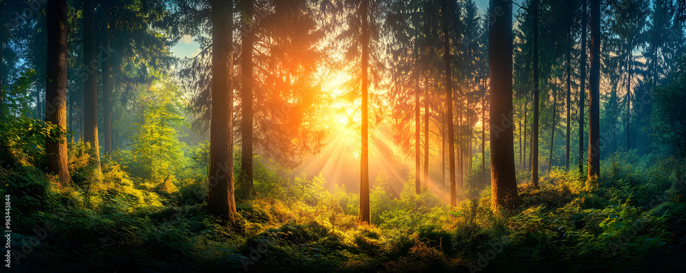 Golden Hour Photo - Sunlight Beams Through Misty Forest Trees Golden Hour Photo - Sunlight Beams Through Misty Forest Trees