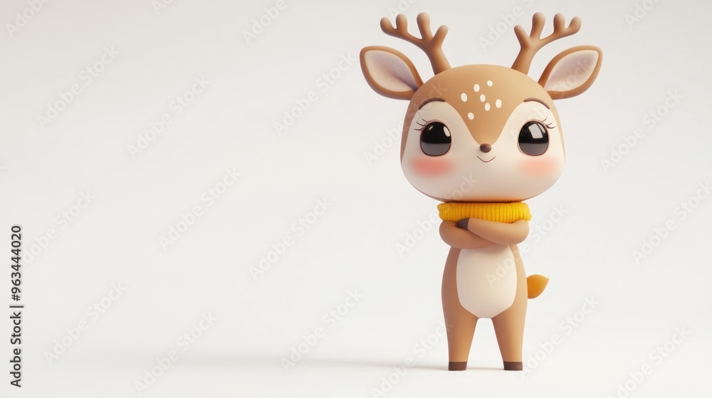 A cute cartoon deer character with antlers and a cozy yellow scarf, standing confidently. A cute cartoon deer character with antlers and a cozy yellow scarf, standing confidently.
