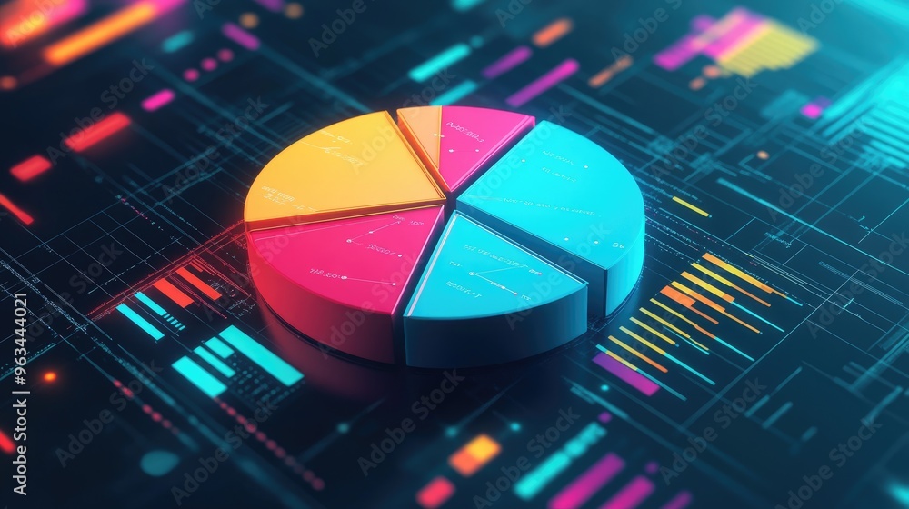 A vibrant 3D pie chart with colorful segments, floating in space against a futuristic digital background, showcasing clear data distribution. A vibrant 3D pie chart with colorful segments, floating in space against a futuristic digital background, showcasing clear data distribution.