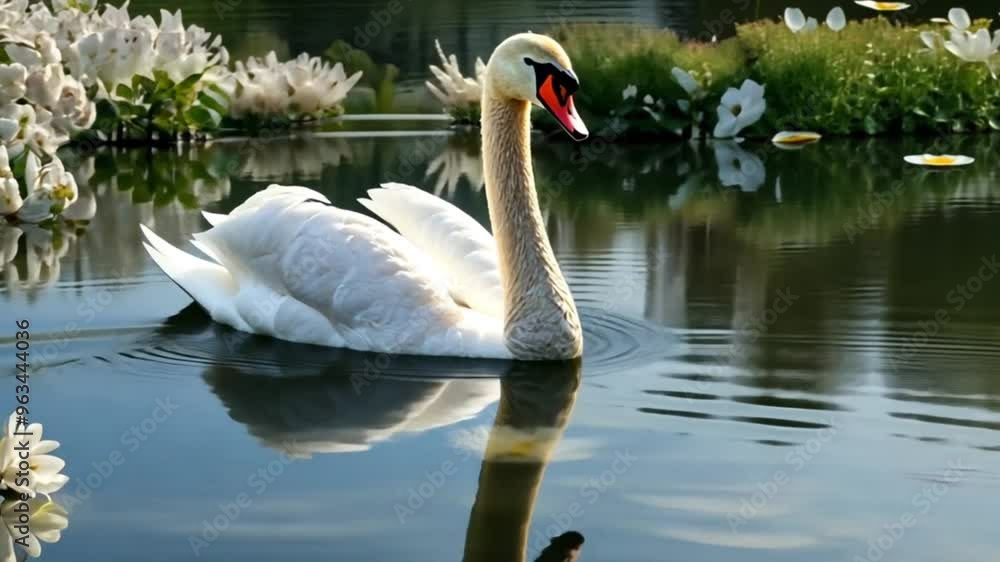 A white swan floats on tranquil water near a white flower tree A white swan floats on tranquil water near a white flower tree