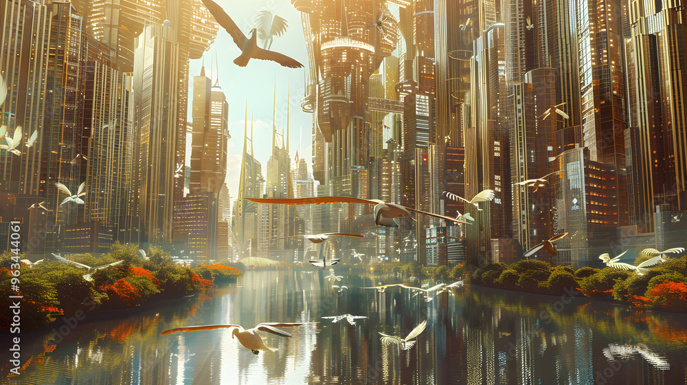 Obraz premium Floating Skyscrapers: A Surreal Skyline Blending Fantasy and Reality Above a River