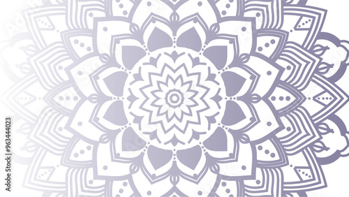Round mandala on dreamy peach fuzz gradient background. Translucent mesh pattern in the form of a mandala. Mandala with floral patterns. Pastel Yoga template. Gradient background with round mandala