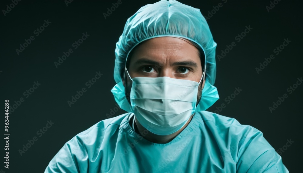 A close-up of a focused surgeon wearing a surgical mask, captured in a dark setting. The image emphasizes the seriousness and concentration required in surgical procedures, highlighting the role of A close-up of a focused surgeon wearing a surgical mask, captured in a dark setting. The image emphasizes the seriousness and concentration required in surgical procedures, highlighting the role of