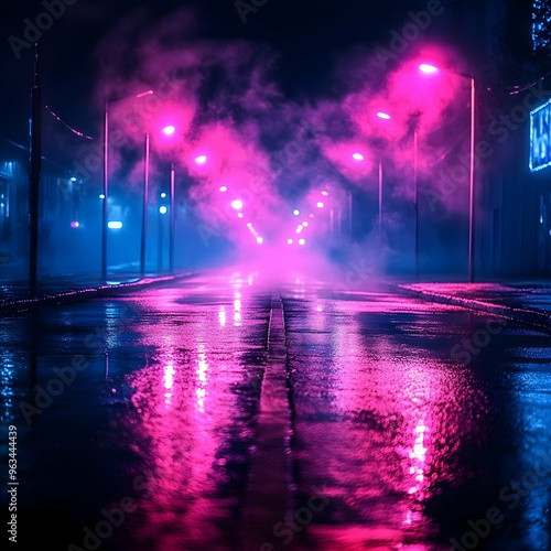 Neon City Nightscape Photo -  Pink and Blue Lit Street with Reflections
