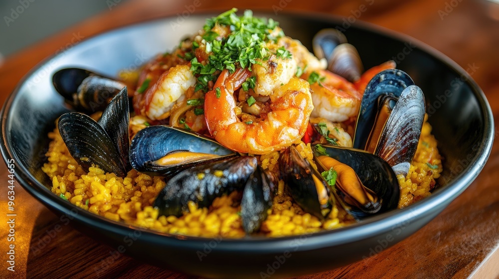 A vibrant shot of a seafood paella, featuring mussels, shrimp, and squid atop golden saffron rice, highlighting the colors and textures of the dish. A vibrant shot of a seafood paella, featuring mussels, shrimp, and squid atop golden saffron rice, highlighting the colors and textures of the dish.