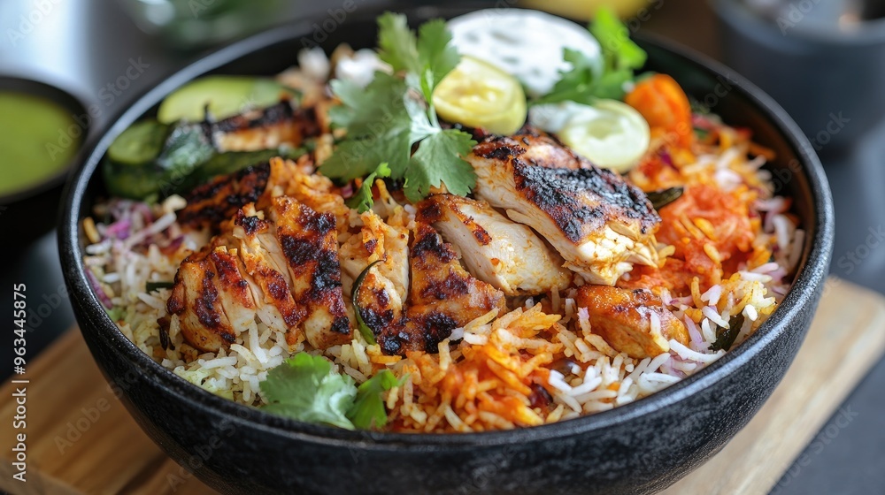Aromatic bowl of chicken biryani with layers of saffron rice and tender chicken, served with raita and a side of pickles Aromatic bowl of chicken biryani with layers of saffron rice and tender chicken, served with raita and a side of pickles