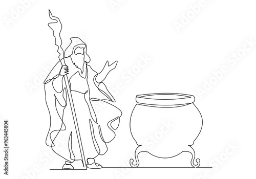 Continuous single line sketch drawing of wizard witch holding magical wand broom and potion cauldron halloween spooky concept one line vector illustration	