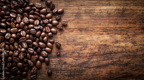 A pile of roasted coffee beans spread over a rustic wooden table, showcasing texture and rich, earthy tones. Fresh coffee beans concept.