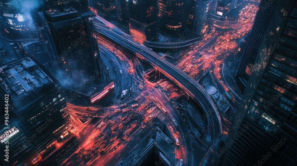 Aerial View of Cityscape at Night with Traffic Lights Aerial View of Cityscape at Night with Traffic Lights