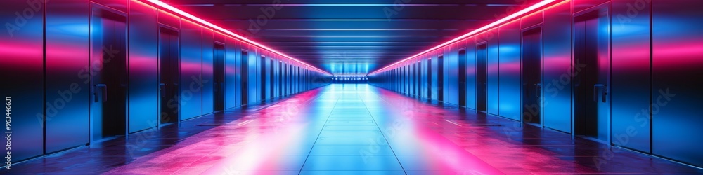 Create a futuristic corridor with hexagonal panels in neon colors. Use overhead lighting for a sci-f Create a futuristic corridor with hexagonal panels in neon colors. Use overhead lighting for a sci-f