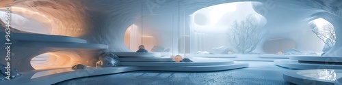 Create a futuristic landscape with floating platforms in soft white. Use ambient lighting for a drea photo