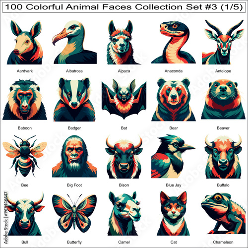 Colorful Animal Faces Collection Set of 100 Isolated Animals Part 1