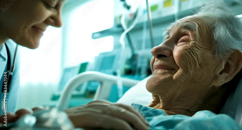 Medical nurse and elderly woman in hospital nursing, medical care and doctor helping and talking to disabled elderly woman on a stretcher. Medical nurse and elderly woman in hospital nursing, medical care and doctor helping and talking to disabled elderly woman on a stretcher.