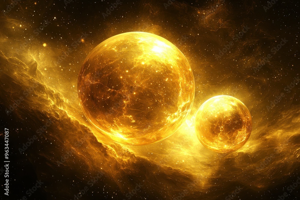 Glowing golden spheres in cosmic space with swirling nebula clouds Glowing golden spheres in cosmic space with swirling nebula clouds