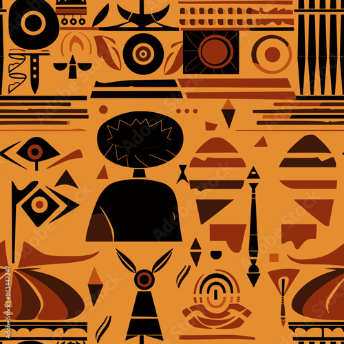 Abstract art in warm orange tones representing ancient African symbolism