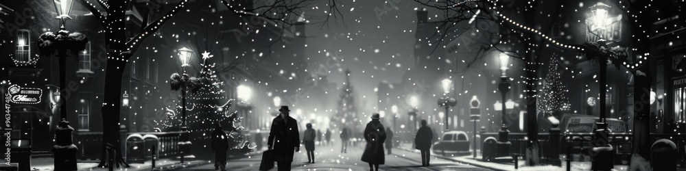 Fototapeta premium Create a noir-style Christmas street scene with people shopping and streetlights casting long shadow