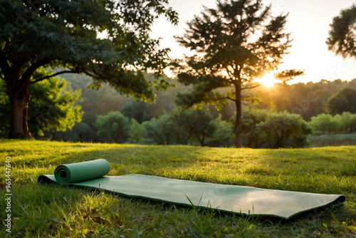 A yoga mat lies on the lawn in the park in a romantic morning atmosphere