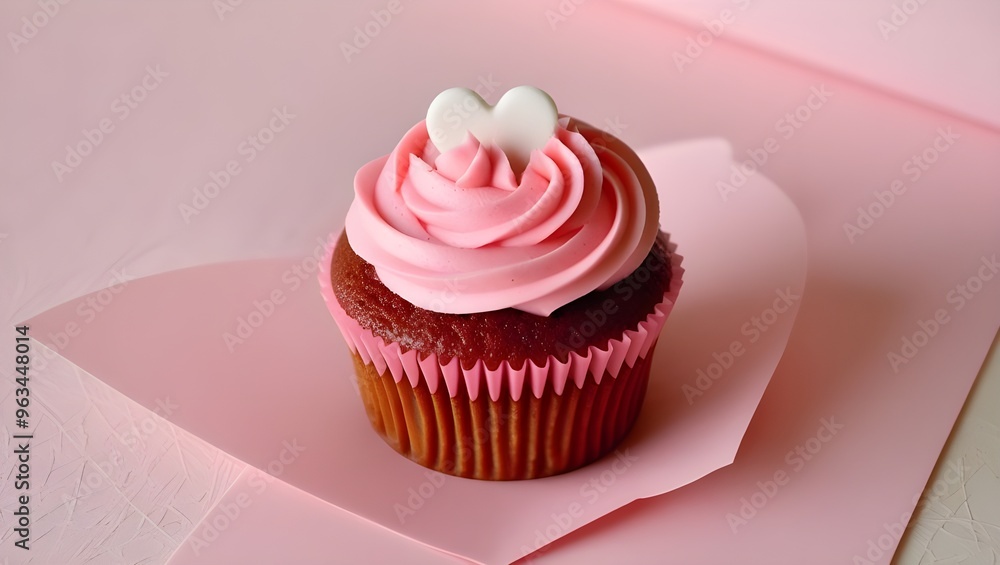 Close-Up of Cupcake with Pink Cream and Heart-Shaped Topping on Pink Background: Love and Valentine Concept Close-Up of Cupcake with Pink Cream and Heart-Shaped Topping on Pink Background: Love and Valentine Concept