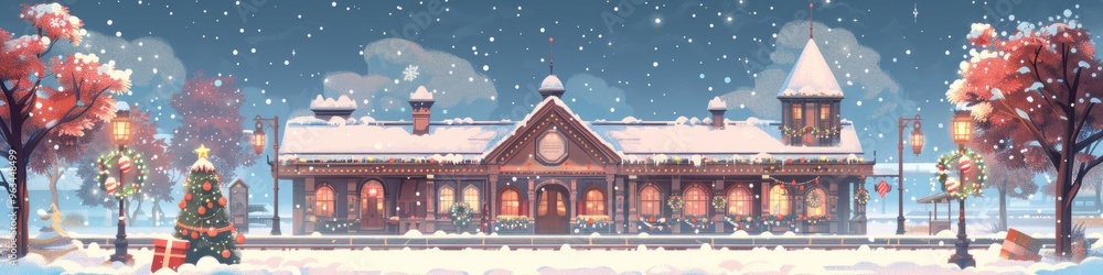 Obraz premium Design a Baroque-inspired Christmas train station with festive decor. Image with copy space on the r