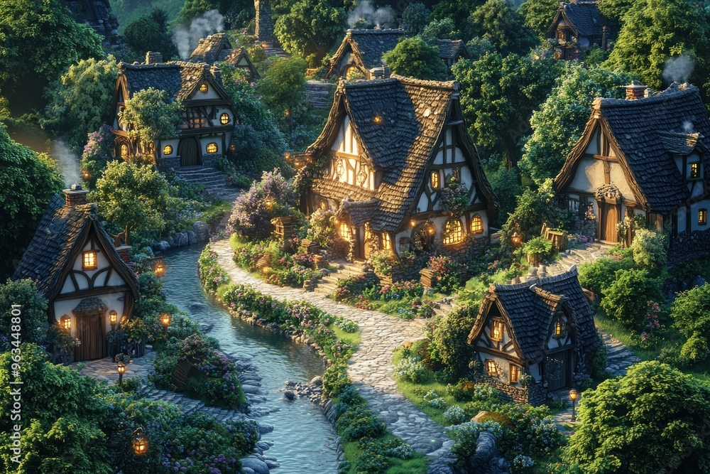 A quaint, fairytale village nestled in a lush forest with a winding river
