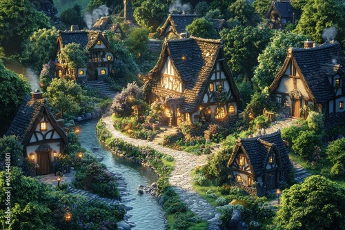 A quaint, fairytale village nestled in a lush forest with a winding river photo