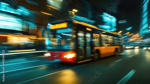 City bus in motion with blurred background, capturing the movement and speed as it travels through a busy urban environment