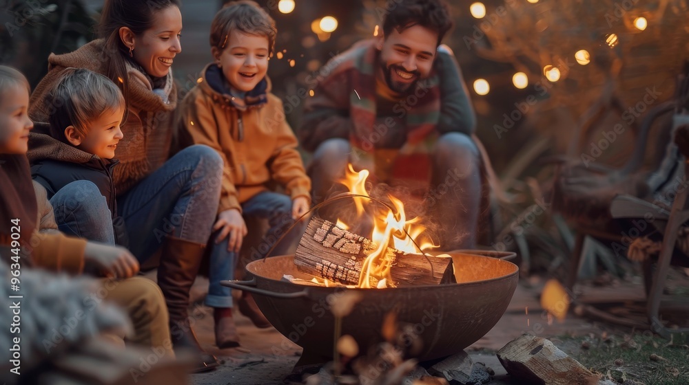 Family enjoys quality time together around a cozy campfire in their backyard courtyard Family enjoys quality time together around a cozy campfire in their backyard courtyard