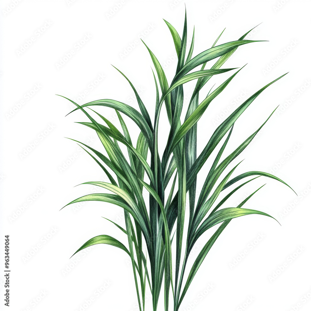 Fototapeta premium Green tropical long grass drawing isolated on a white background