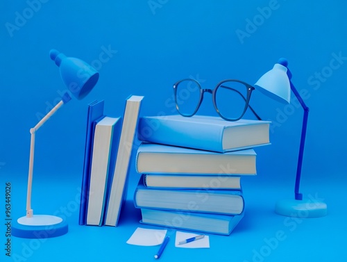 A stack of books glasses and a lamp on a blue background photo