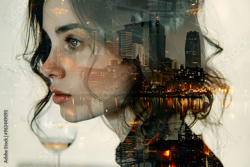 The womans profile blends with the urban backdrop, intertwining city energy with human emotions. This embodies artistic expression and introspection, creating an illusion of creativity photo