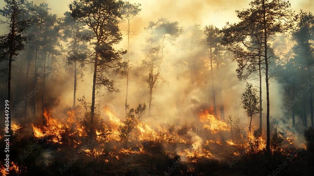 A heatwave gripping a forest, with trees struggling to survive in scorching temperatures, highlighting the environmental impact of rising global temperatures and their effect on natural habitats. A heatwave gripping a forest, with trees struggling to survive in scorching temperatures, highlighting the environmental impact of rising global temperatures and their effect on natural habitats.
