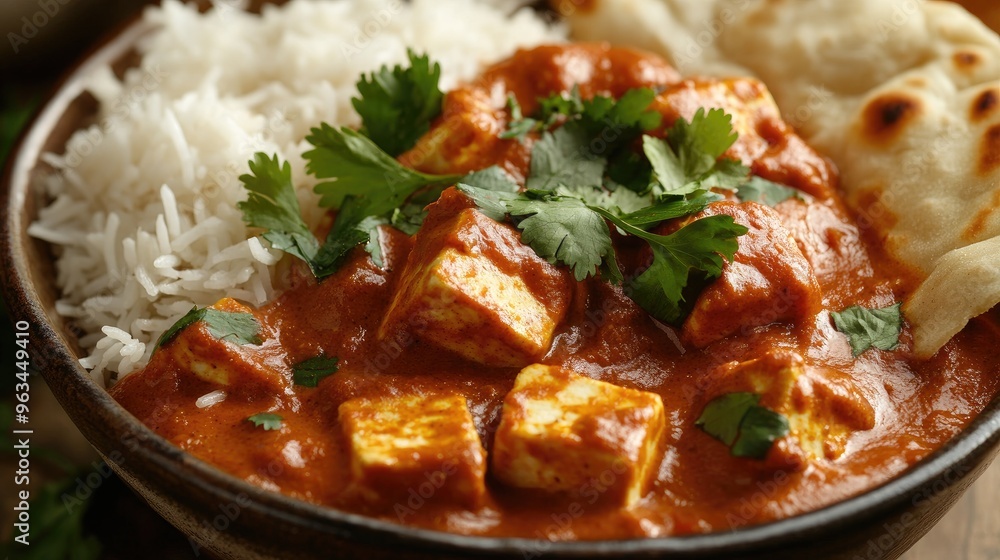 Close-up of a bowl of rich, creamy paneer tikka masala with naan bread and basmati rice, garnished with fresh cilantro Close-up of a bowl of rich, creamy paneer tikka masala with naan bread and basmati rice, garnished with fresh cilantro