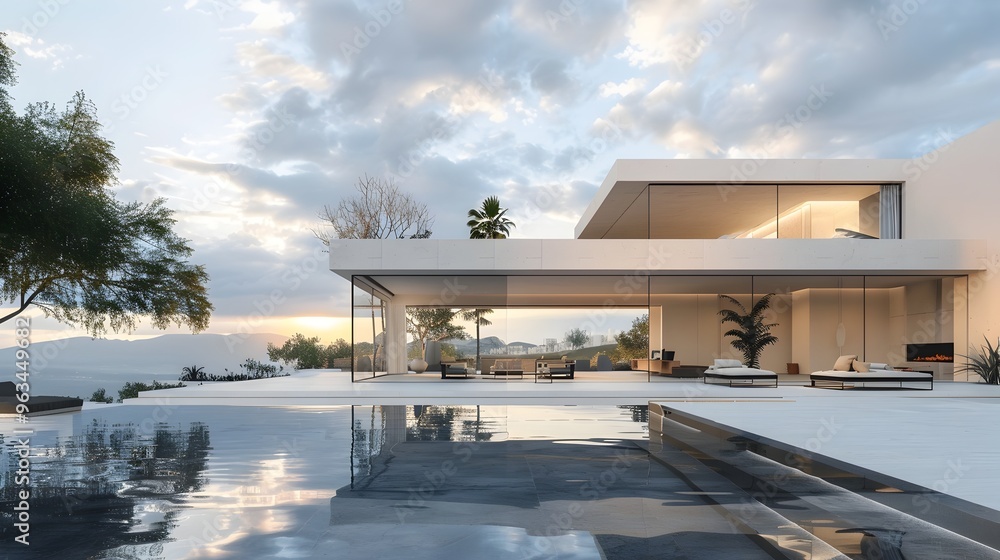 Fototapeta premium Tranquil Minimalist Facade and Interior Scene with Frame Mockup
