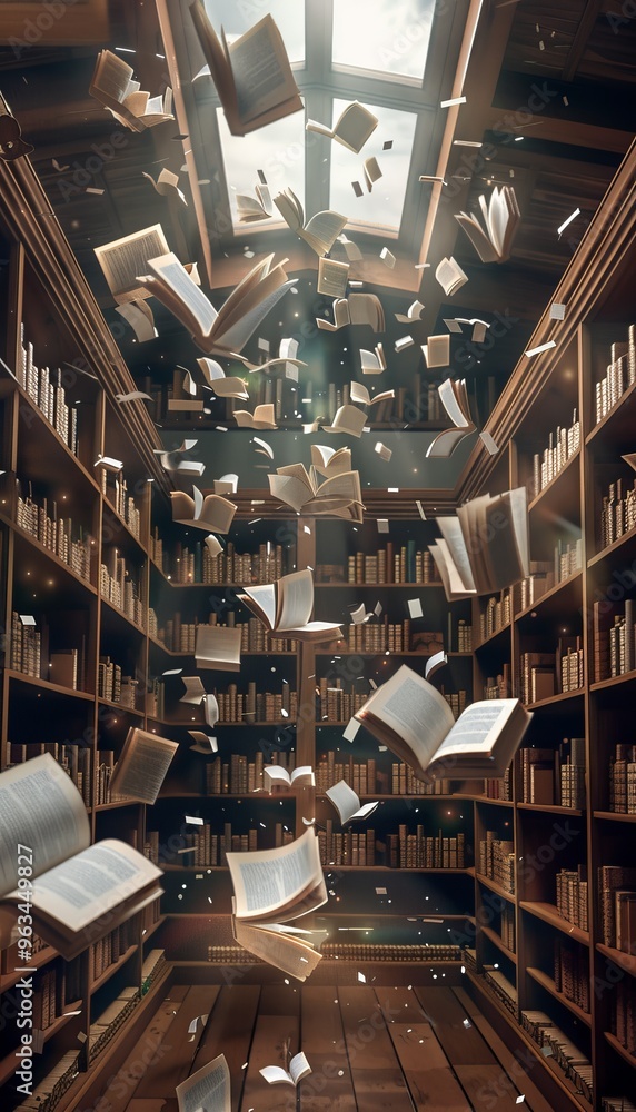 Fototapeta premium Illustration of old open books flying off library shelves, creating a magical surreal atmosphere