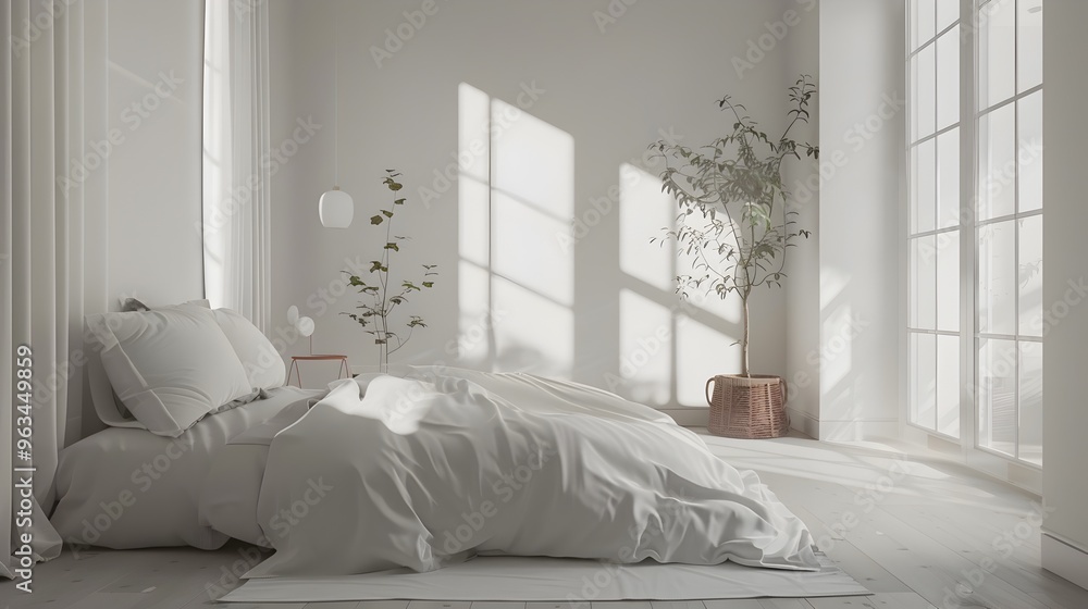 Fototapeta premium Tranquil Minimalist Teen Bedroom with Serene and Calming Design Home Mockup 3D Render
