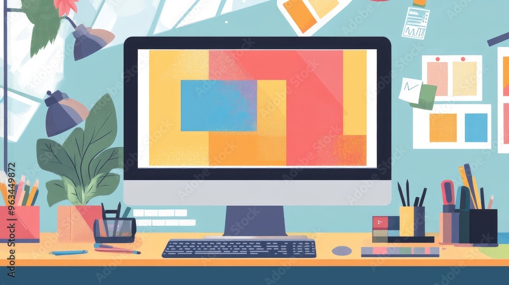 Close-up of a digital graphic designer's workspace with colorful vector designs on a computer screen and creative tools scattered around Close-up of a digital graphic designer's workspace with colorful vector designs on a computer screen and creative tools scattered around