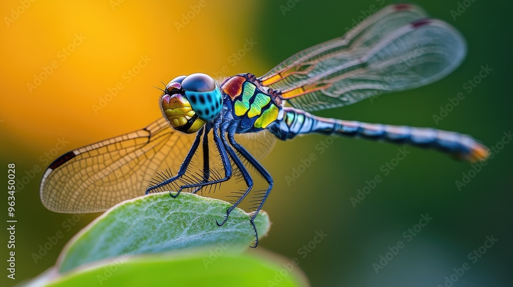 Close-up of a dragonfly resting on a leaf, highlighting its iridescent wings and intricate body structure against a blurred background Close-up of a dragonfly resting on a leaf, highlighting its iridescent wings and intricate body structure against a blurred background